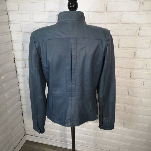 Danier Leather Ladies Size Large Lined Windsor Blue Full Zip Leather Jacket - Picture 2 of 13